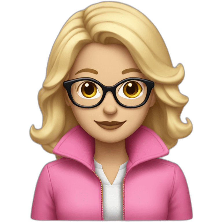 White Woman with Black hair and blonde strands, glasses,ear jewelery, pink flecee jacket, smiling  emoji