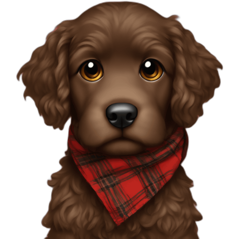 Chocolate brown colored doodle with a red and black flannel hankerchief emoji