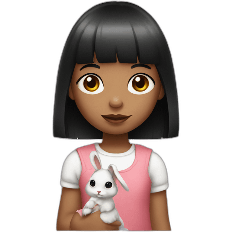 Little girl with black bangs holding rabbit emoji