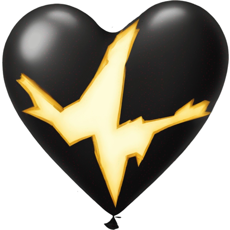 Black balloon that looks like a broken heart with a lightening bolt down the middle in the style of banksy emoji