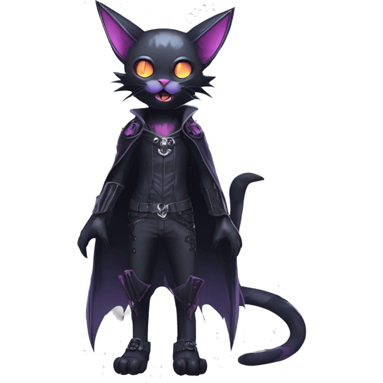   cool edgy kawaii ethereal dark-punk-themed animal vampiric cat-hybrid Fakemon with fangs and bat-wing-ears with a collar full body emoji