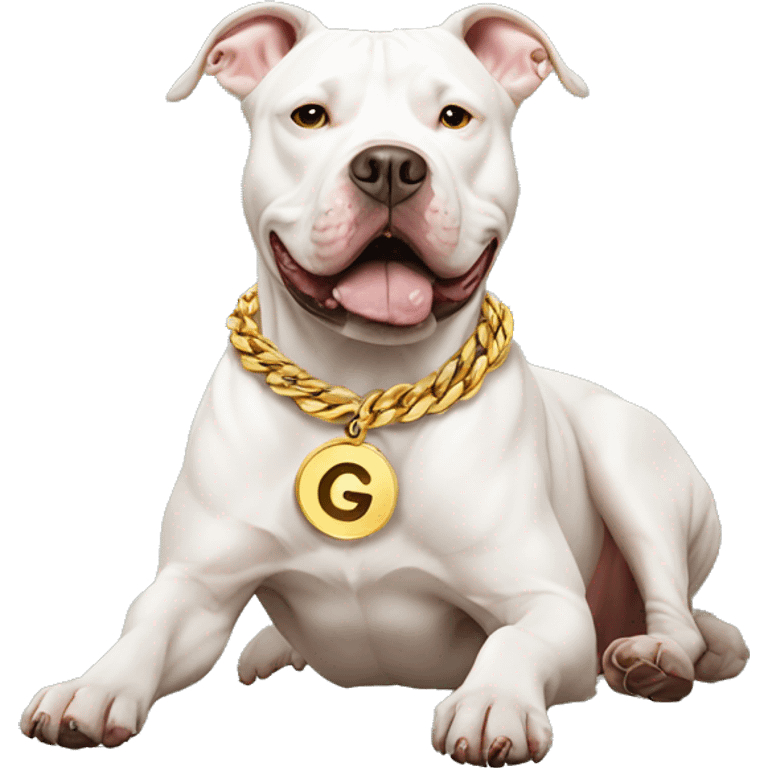 A dog pitbull and wearing big gold chain on that says G pendant  emoji