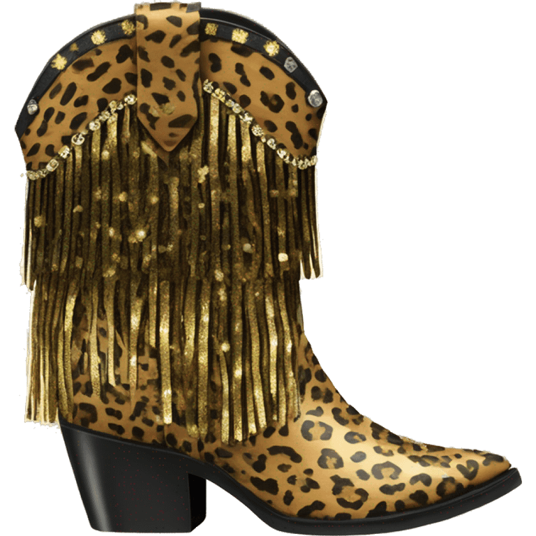 Realistic leopard print fashion cowgirl boots with sparkly shiny glitter fringe on them. emoji