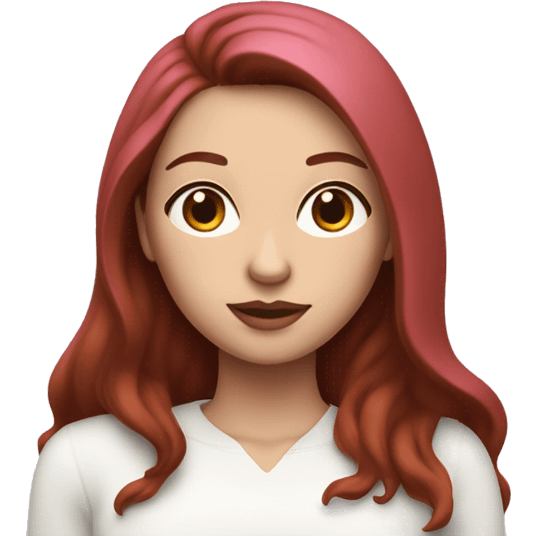 Woman with a white skin that has Long Dark red hair and brown eyes with an eyeliner coding on a pink macbook emoji