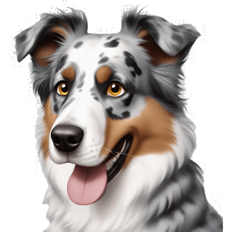 australian shepard dog blue merle with one blue and and one brown eye with gray fur around his eyes and brown till the fur around his nose which is white emoji