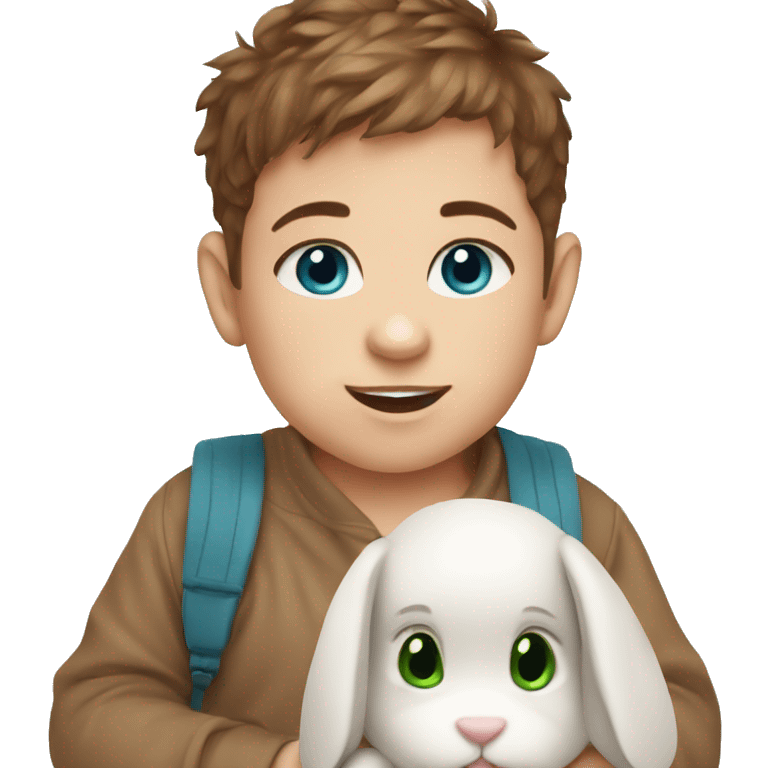 Cute baby with brown hair and blue/green eyes and a rabbit teddy emoji