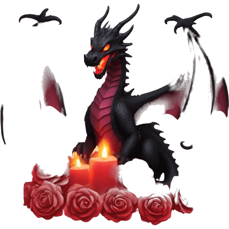 Black dragon breathing red flames, covered in thorned roses, surrounded by lanterns candles and fairy lights emoji