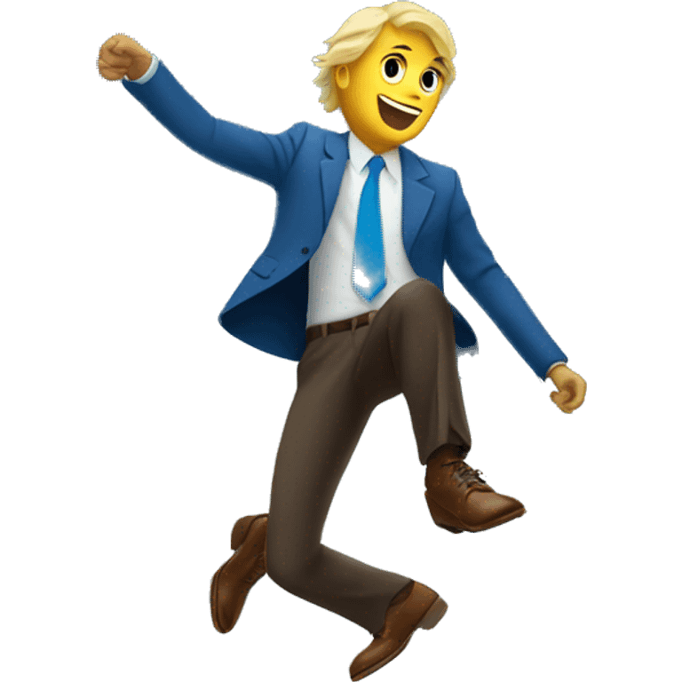 Blonde man in blue suit and brown shoes with money falling from sky emoji