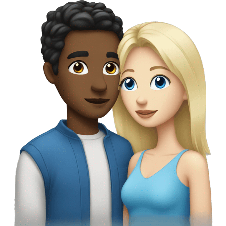 Blond woman with blue eyes kiss man with black hair and blue eyes emoji