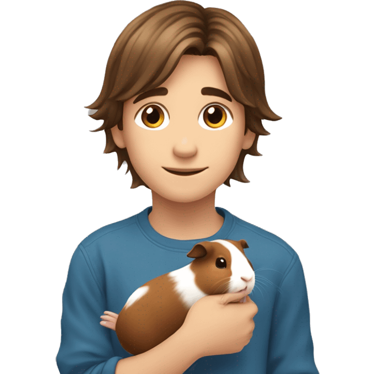 boy with long brown hair holding a guinea pig ￼ emoji