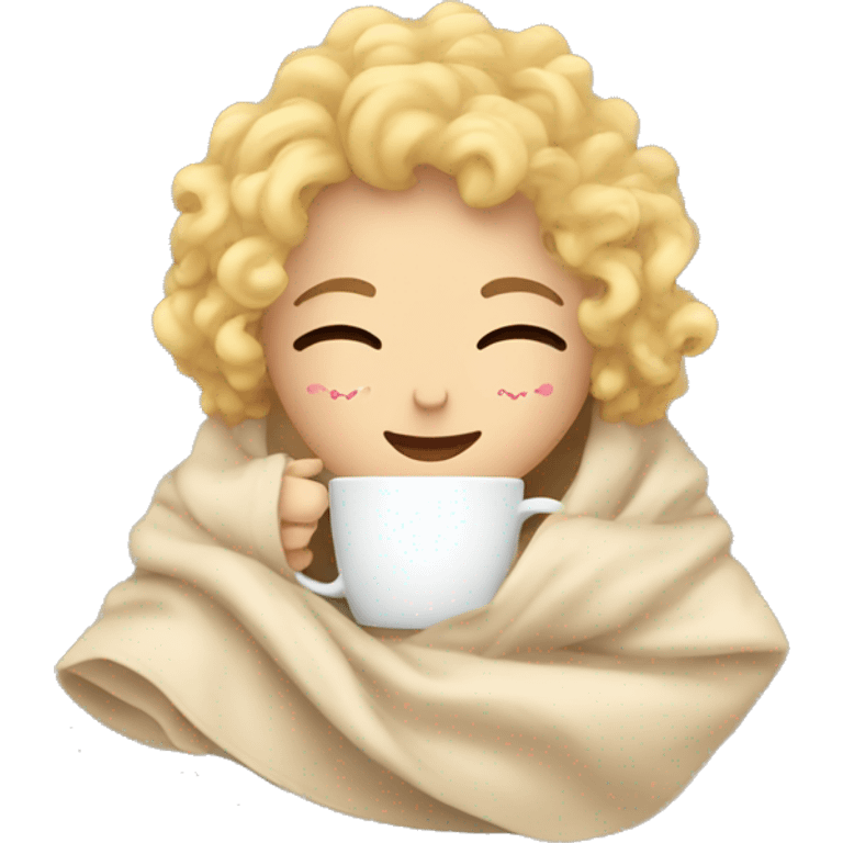 Blonde short hair curly girl inside a blanket sipping coffee eyes closed emoji