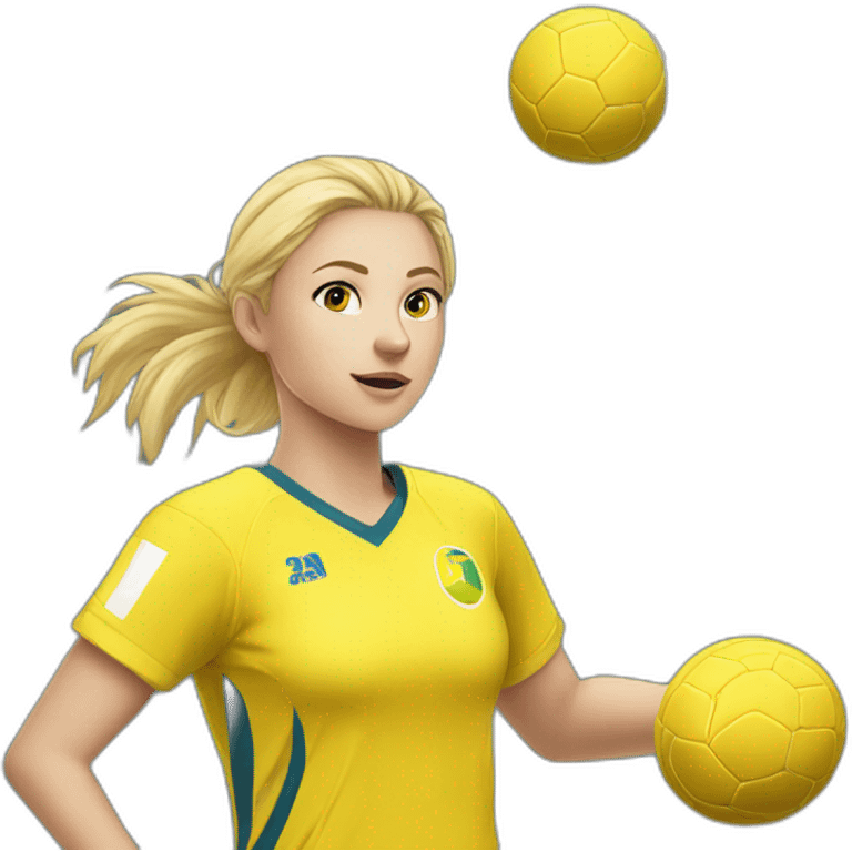 Teenage girl handball-yellow jersey-ball-blond hairs-shooting in goal emoji