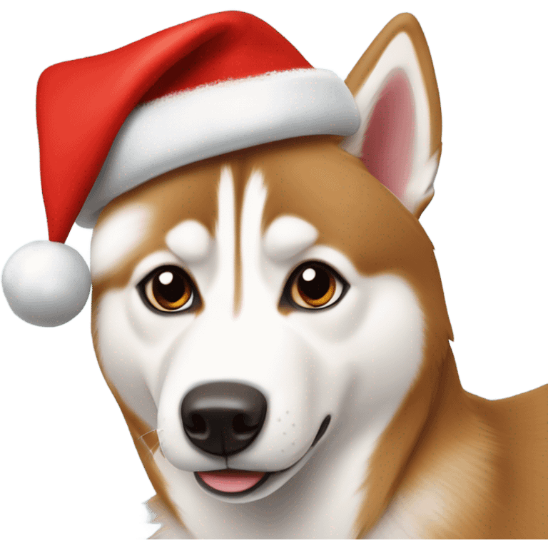 red Siberian husky with a christmas hat on￼ emoji