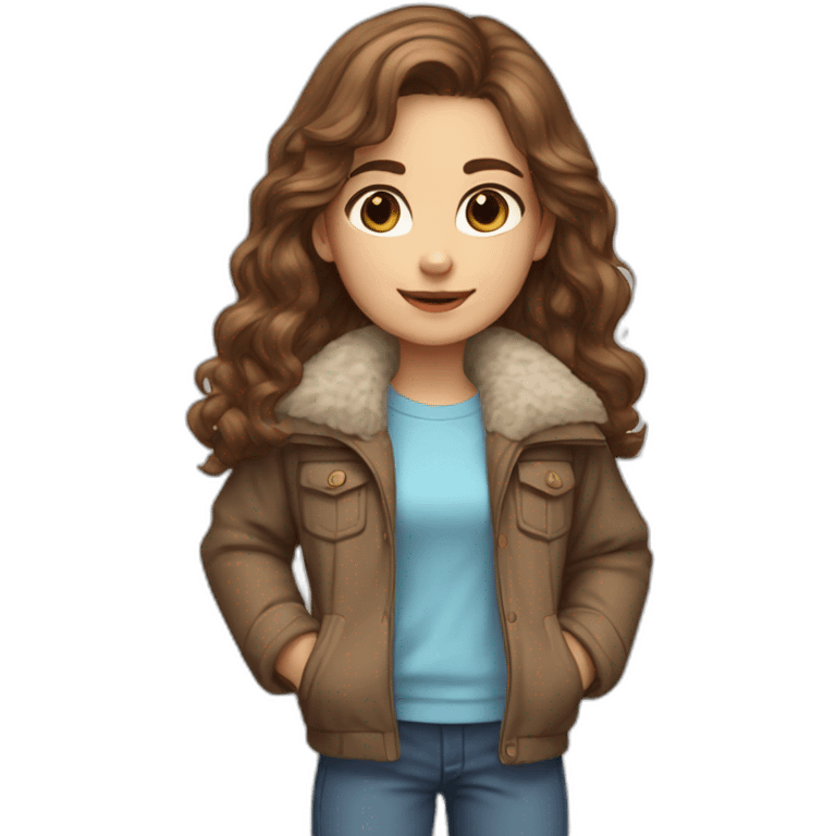 Girl, slightly curly long brown hair, light blue eyes, blue jacket with fur emoji