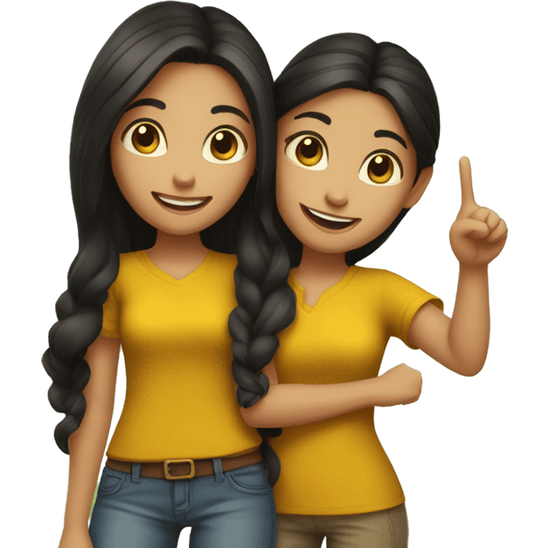 2 girls with dark hair wearing mustard yellow shirts and posing peace sign while the other poses thumbs up emoji