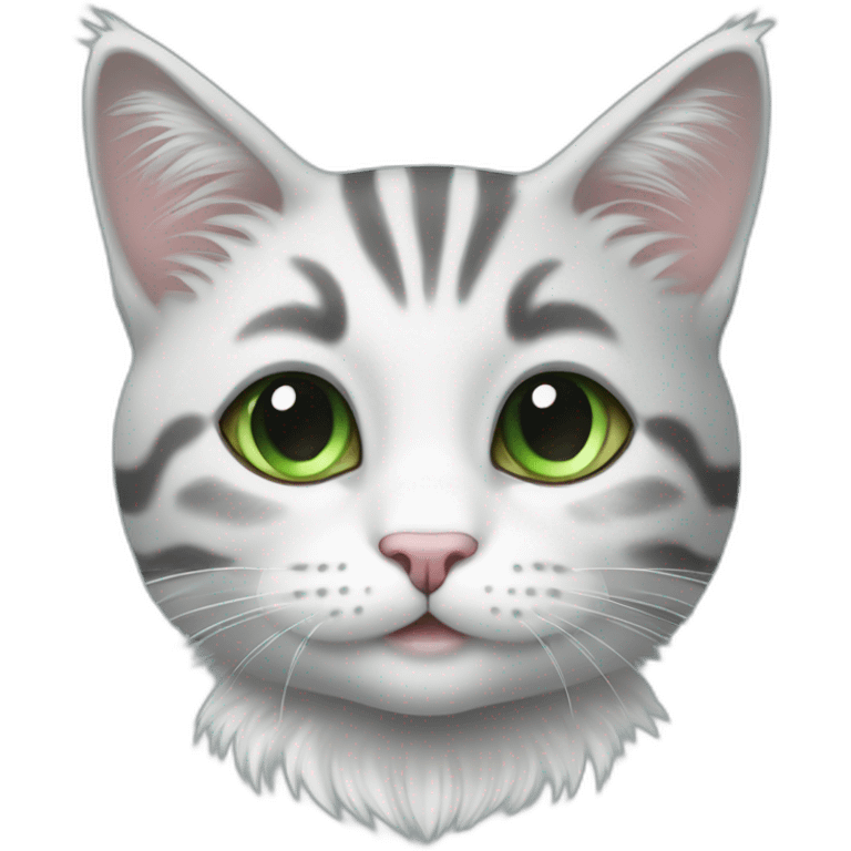 light colored grey and white tabby cat head little fluffy and cute smile with light blue and green eyes and black public emoji