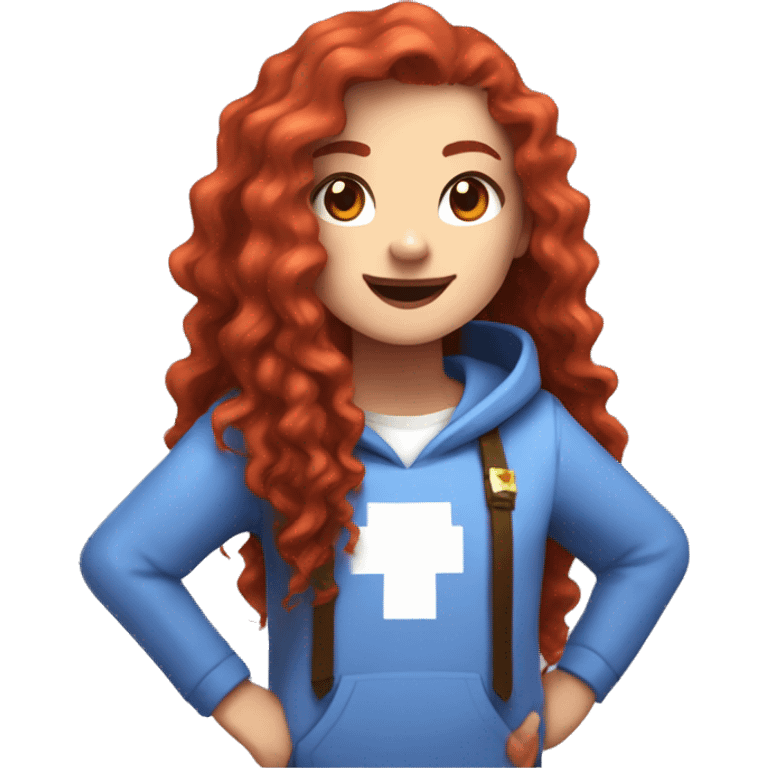 a white girl with long red curly hair and freckles, wearing periwinkle Minecraft hoodie playing a videogame smiling emoji