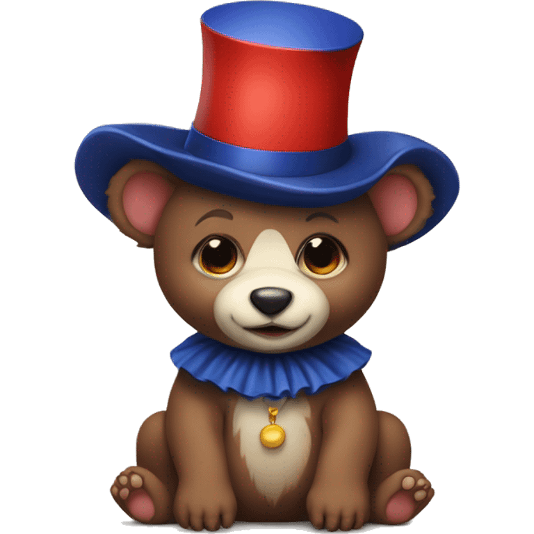 Brown baby bear. Wearing jester collar and a clown hat. The clown accessories are Navy and red and white. emoji