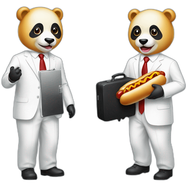 A professor with white suit and red tie and a panda face eating a hotdog and holding a black suitcase emoji