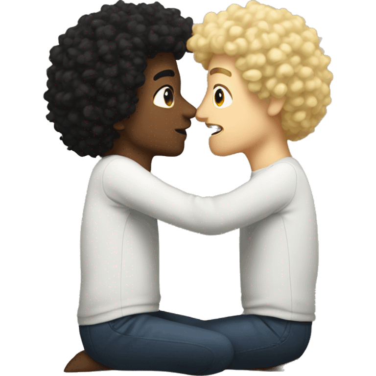 man with black curly hair kissing man with blonde fluffy hair emoji