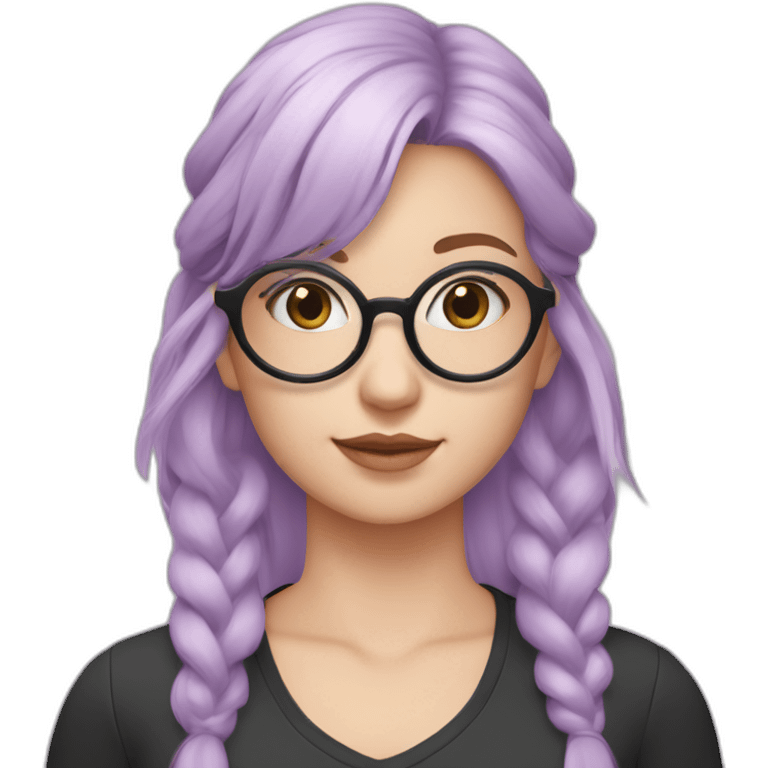 White girl with light purple hair with Ponytail and Split bangs in 3 and rounded frame pastel pink glasses and pastel blue with a black shirt emoji