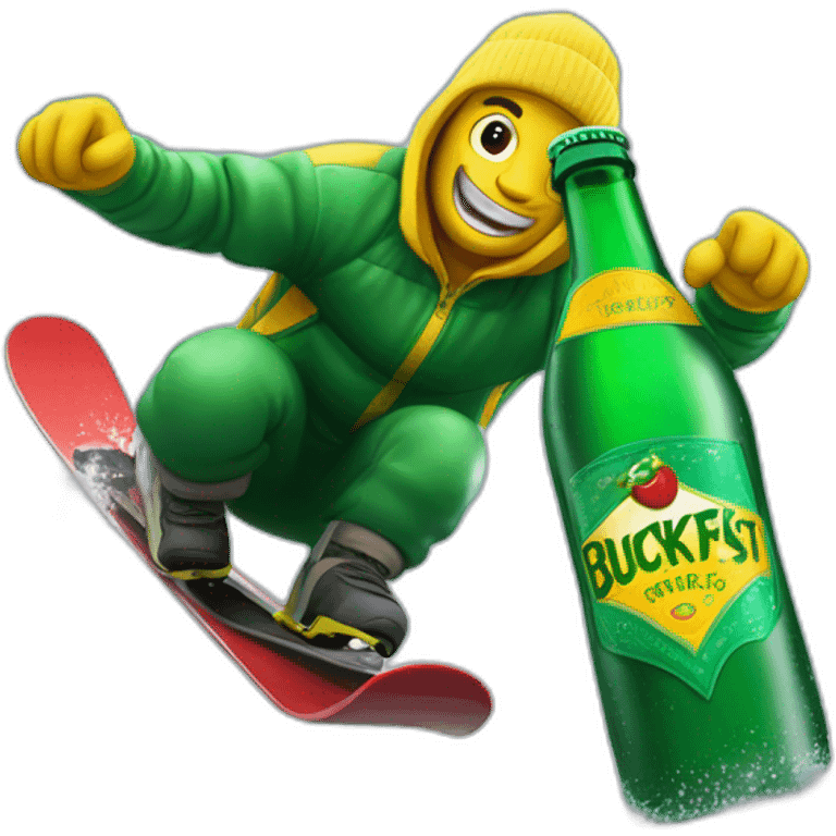 Man freestyle ski grinding over a giant green bottle of buckfast tonic wine with yellow label emoji