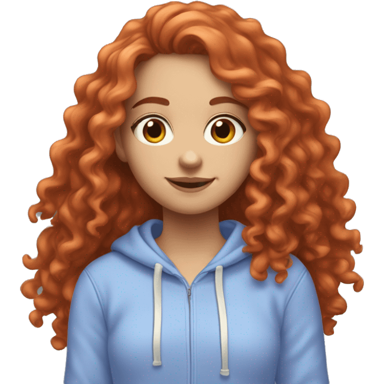 a white girl with long red curly hair, wearing a pastel periwinkle hoodie doing a pose emoji