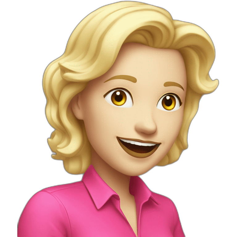 Joyful white woman with fluorescent and playful pink shirt, passionate about programming and art, blond hair red lip round and black bezel emoji