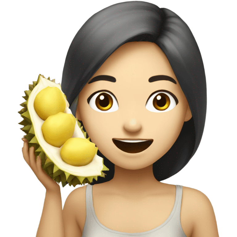 Half white half Asian girl eating durian fruit, happy emoji