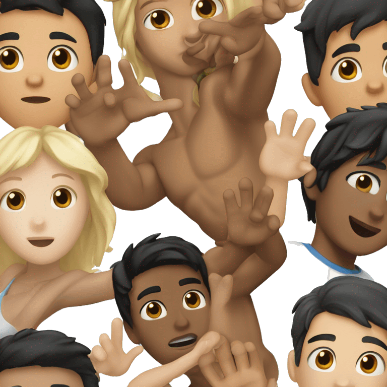 Two young men raising their right hand up one is blonde brown eyes and one is black hair brown eyes and a bit tan emoji