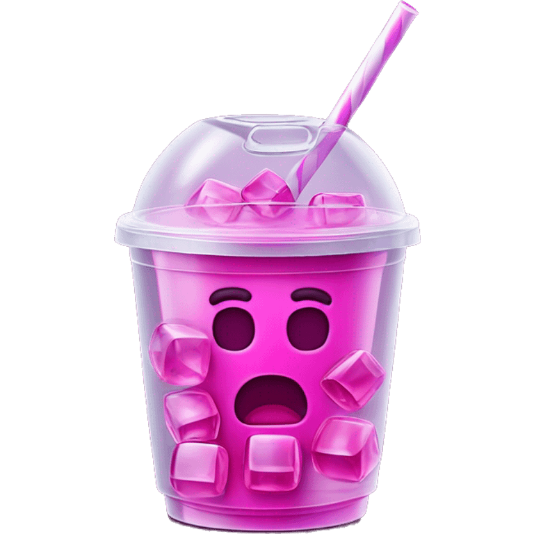 Realistic plastic cup and lid with Transluscent magenta soda and large ice cubes inside and one straw through the top of the lid. emoji