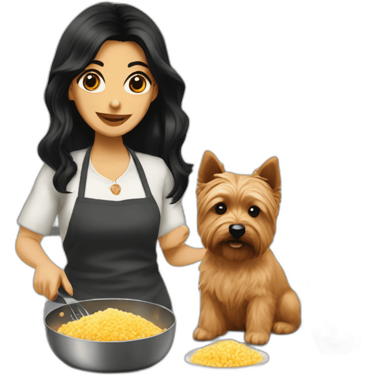 gal black hair cooking risotto with Norwich terrier emoji