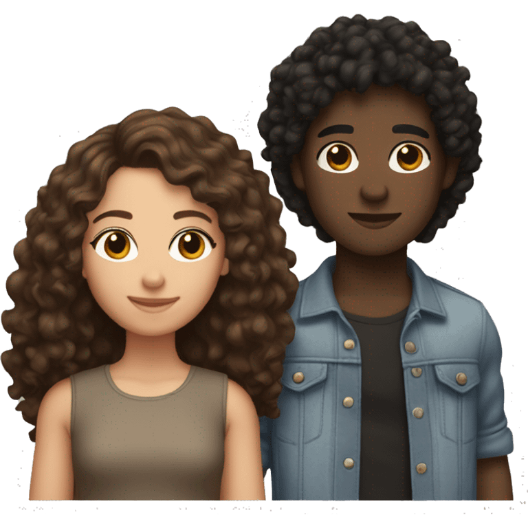 3 friends the friend on the left has brown skin and dark brown straight hair the one in the middle has brown skin brown curly hairs the one on the right has  white skin whit black straight hair  emoji