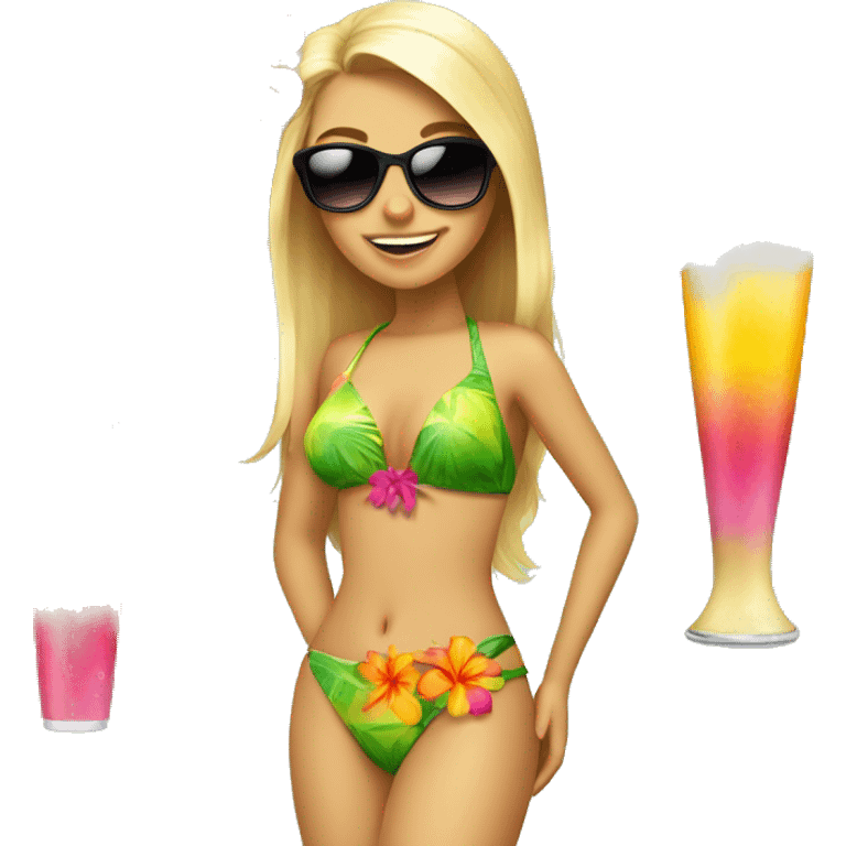 Blonde girl with a hawaii flower in her head, bikinis and sunglasses and coconut drink emoji