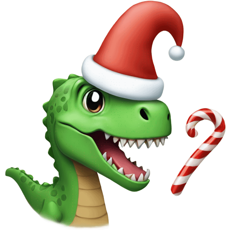 Happy dino with a Santa hat holding a candy cane  emoji