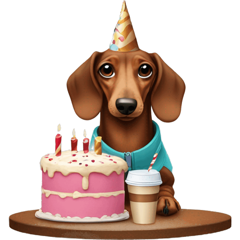 Dachshund with ice coffee and birthday cake  emoji