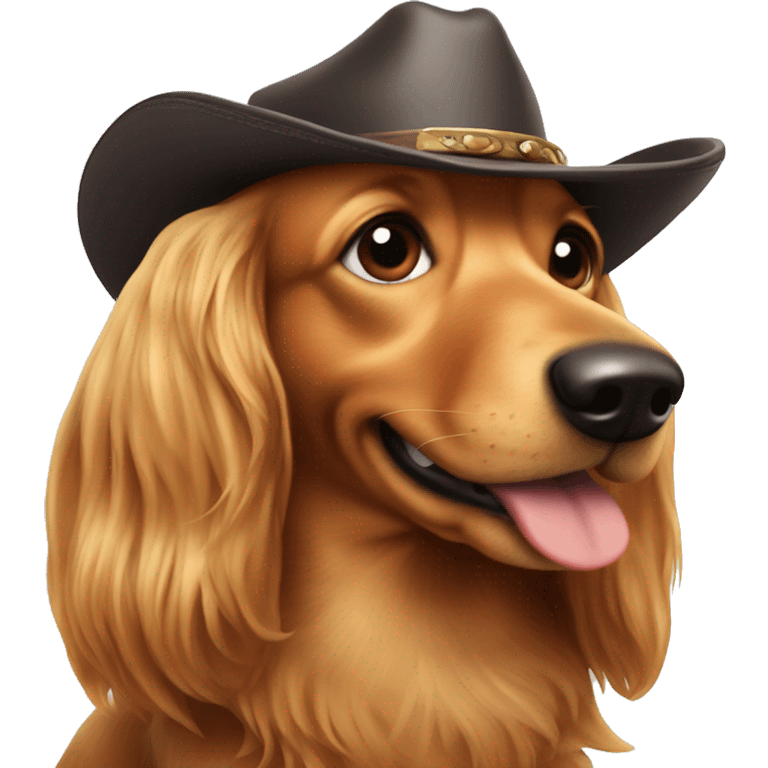 Long haired weenie dog with cowboy hat emoji