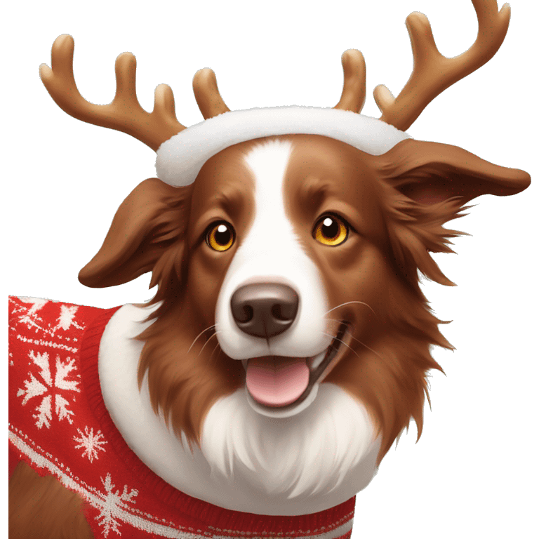 Red white Border Collie wearing a Christmas sweater and reindeer antlers on his head emoji