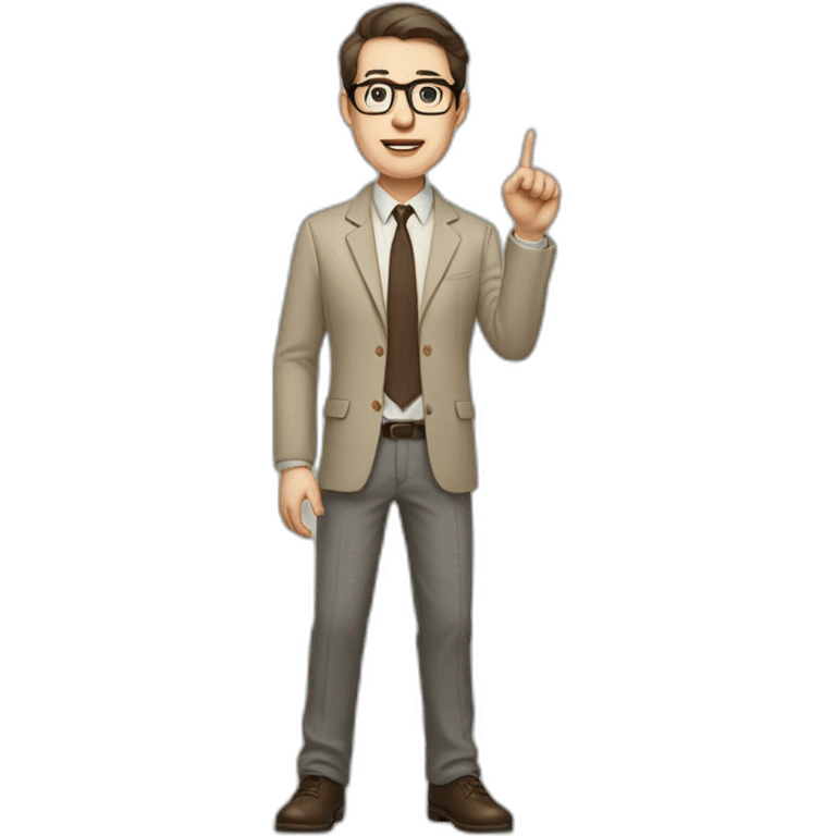 Full height Actively Gesturing Pale skinned fit man with dark brown hair in gray jacket, beige office shirt, brown tie, brown pants and vintage glasses. emoji