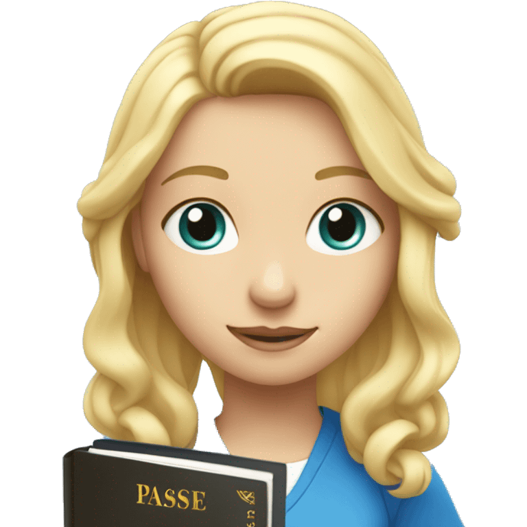 Blonde girl with blue eyes holding a passeport in her hand and sun upon her head emoji