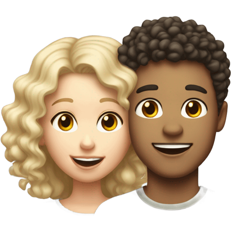 Dark curly haired shorter girl with taller white blond boy smiling with tongue out couple photo emoji