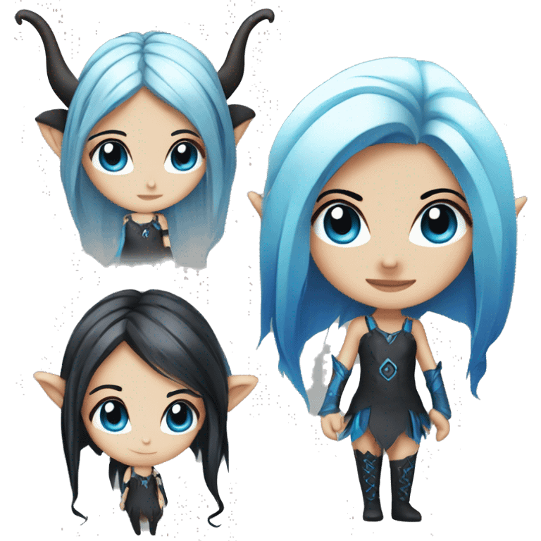 chibi, long black and blue hair, big eyes, pierced elf ears, black horns with blue tips, vivid, emoji emoji