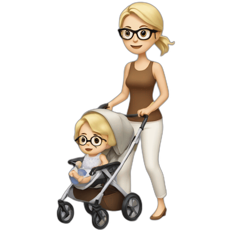 White women with brown hair and glasses pushing buggy with blonde baby emoji