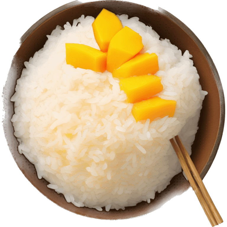 sticky rice bowl with mango slices and condensed milk on top emoji