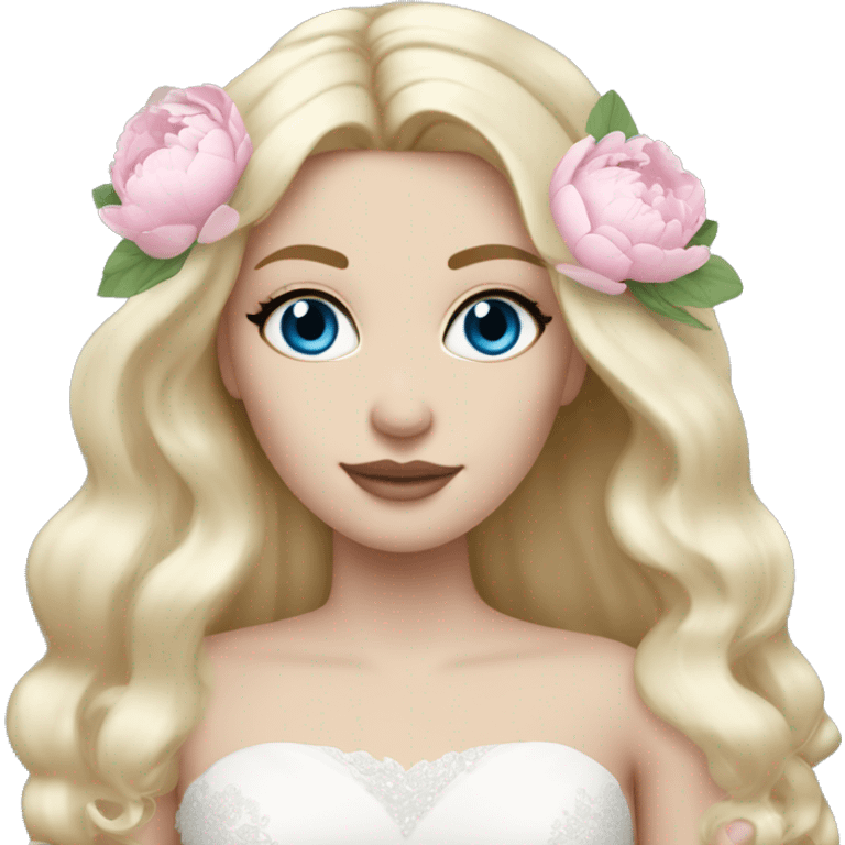 White bride with long light blonde hair and blue eyes with light pink peonies in hair white skin light pink lips emoji