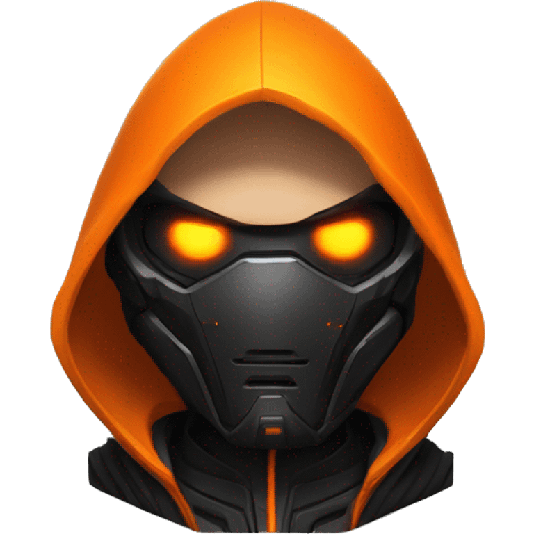  developer behind his laptop with this style : crysis Cyberpunk Valorant orange glowing bright orange character orange black hooded assassin themed character emoji