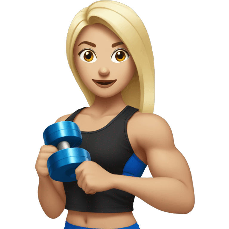 blonde woman working out with a black tank top and a blue shorts and she is holding a dumbell emoji