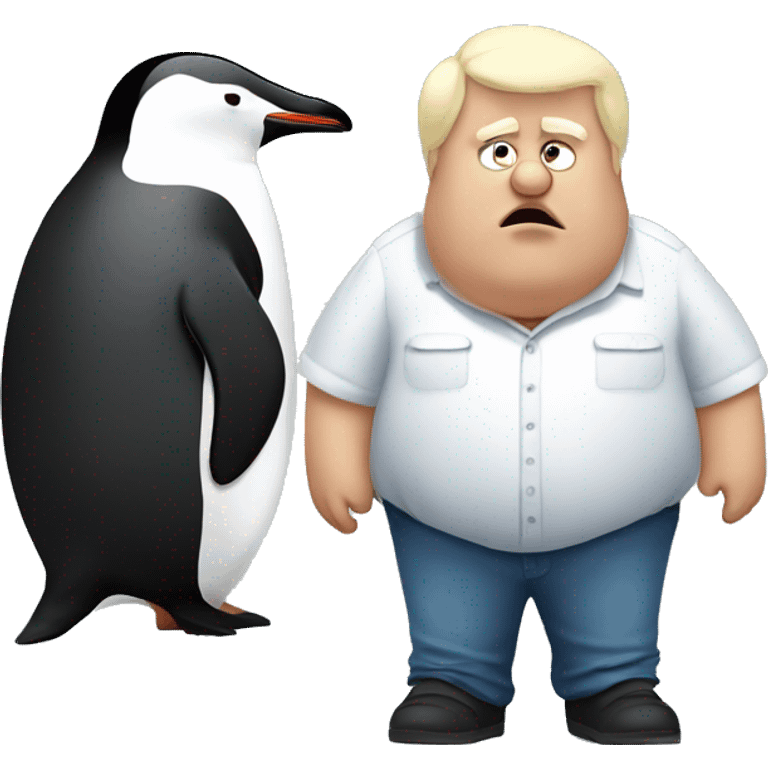 Tired Old obese blonde man standing next to a penguin emoji