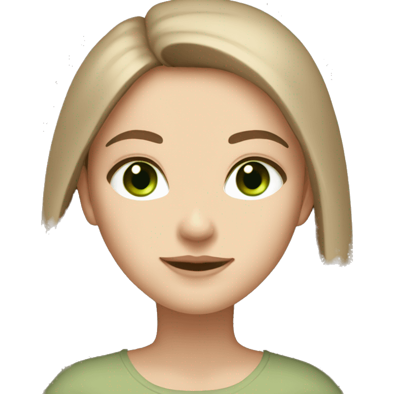 white girl with long brown hair and green eyes in beige clothes emoji