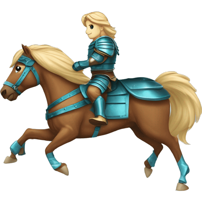 Chestnut brindle brindled striped horse blonde mane running galloping wearing blue and cyan armour  emoji